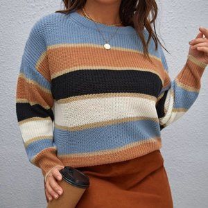 blue brown Plus Size Striped colorblock Knit Sweater Top